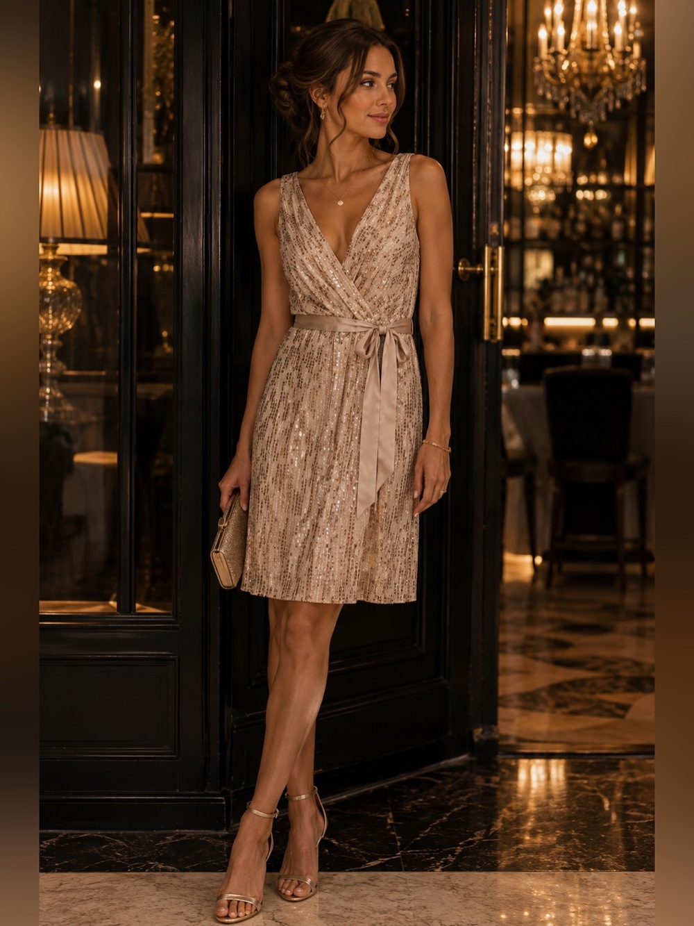 Express NWT Sequin Wrap Dress Medium Champagne Gold Belted Party Dress